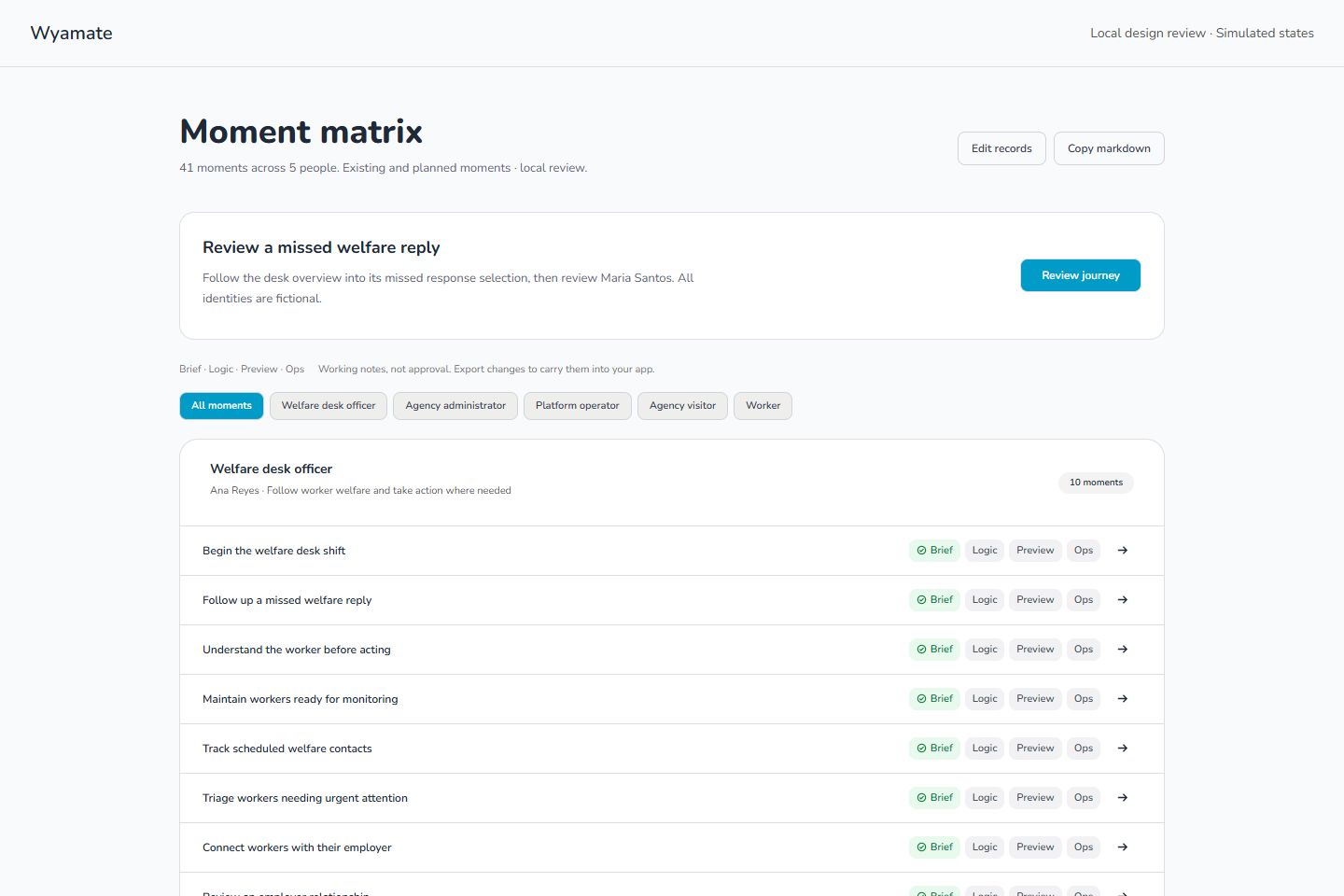 App matrix organised by user group, with moments and Preview controls